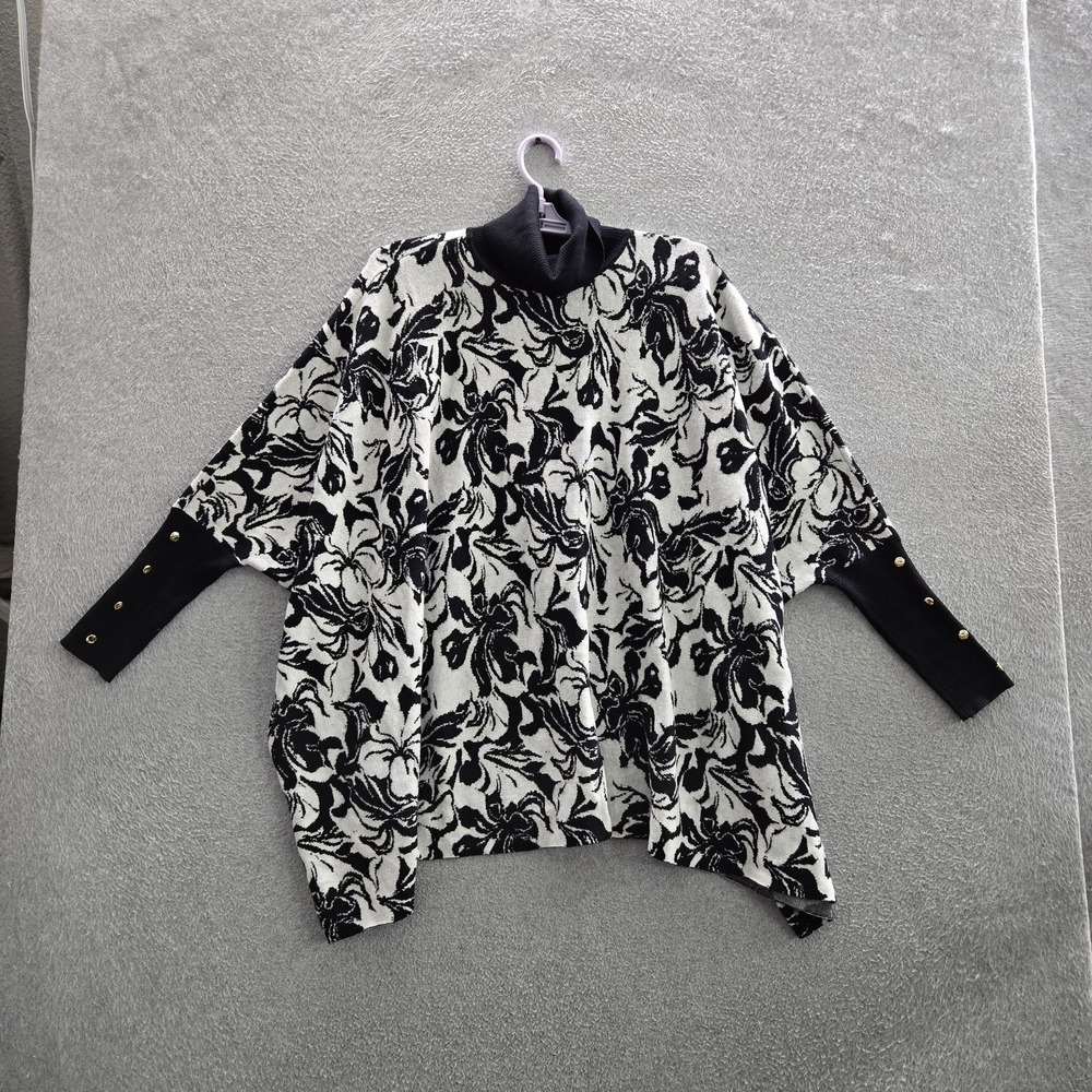JM Collection Women Sweater M Black Floral Core Turtleneck Tunic Pullover